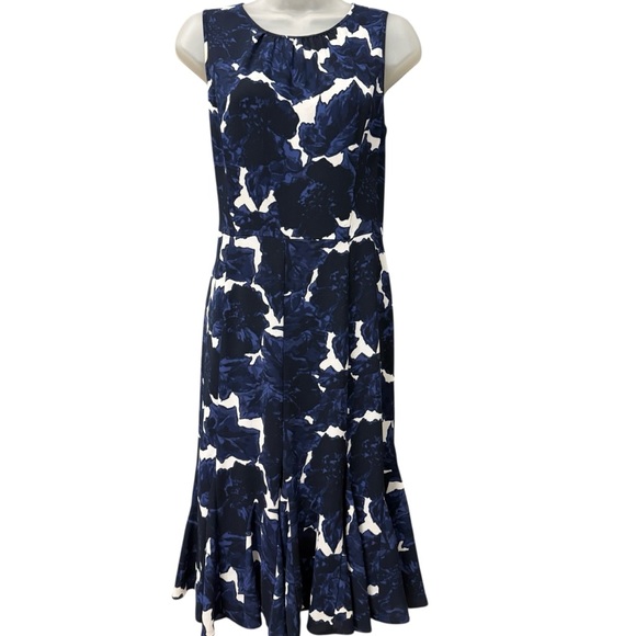 Talbots Navy Floral Fit & Flare Trumpet Hem Wedding Guest Cottagecore Dress 💜 - Picture 2 of 11